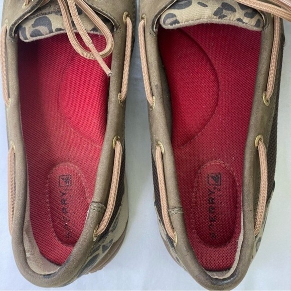 Sperry Top Sider Leather Tan Brown Boat Shoe with Animal Print Accent Size 8.5M - Picture 11 of 14
